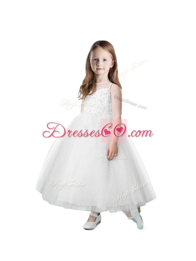 Latest See Through Scoop Tulle Flower Girl Dress with Appliques