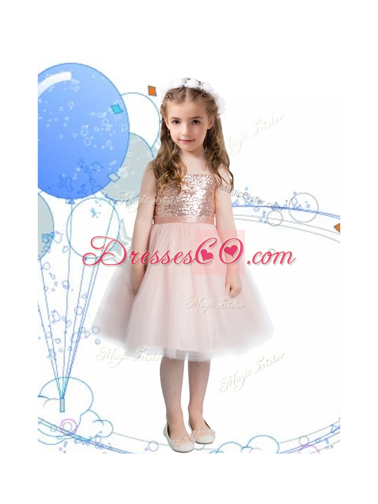 Perfect Spaghetti Straps Sashes and Sequins Flower Girl Dress in Champagne