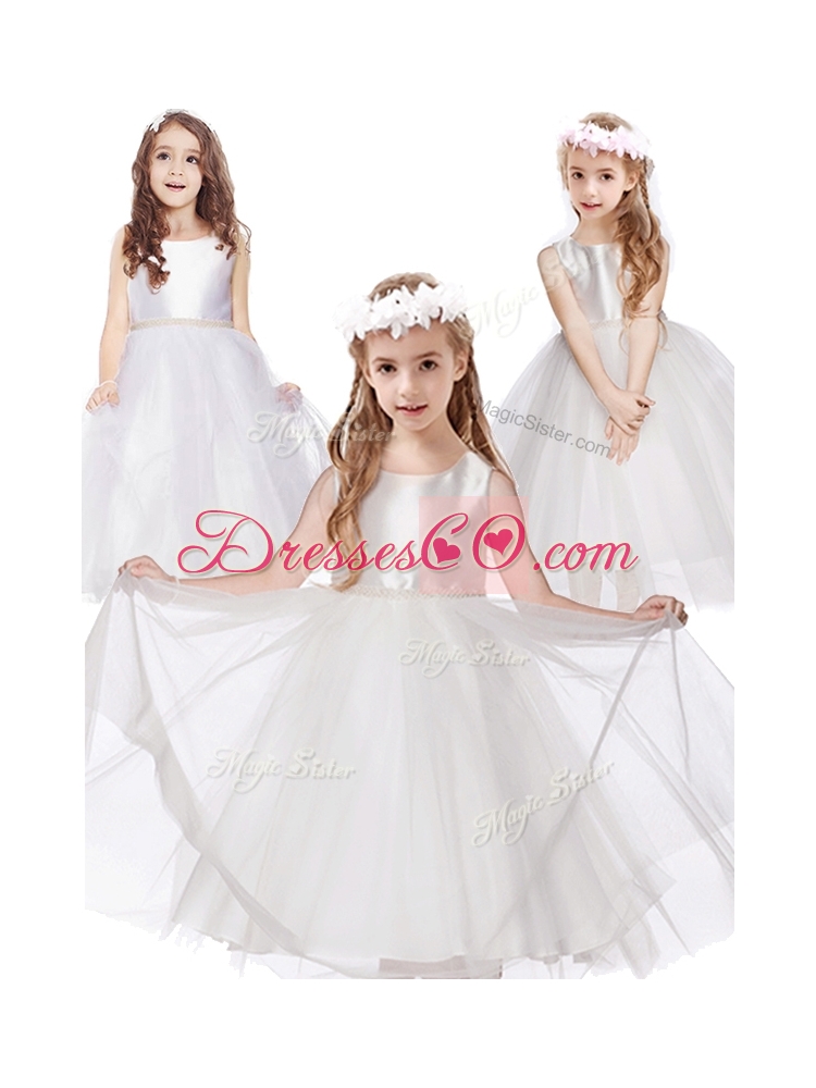 Simple Scoop Belt Tulle Flower Girl Dress in White