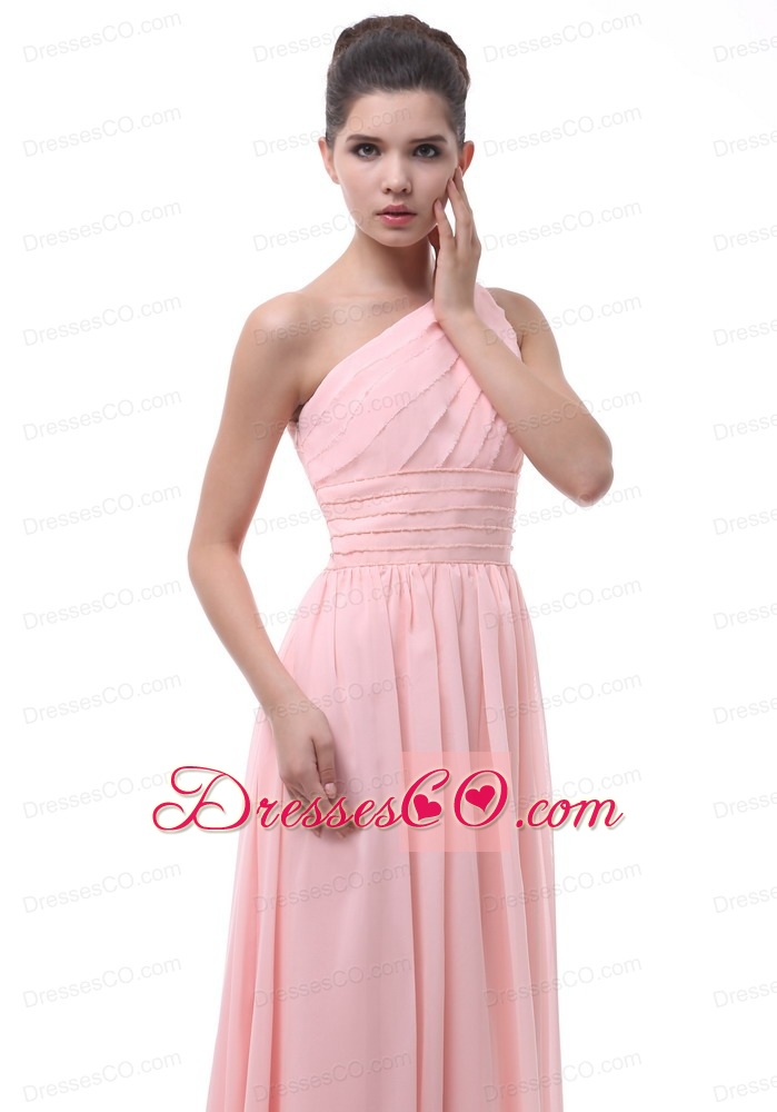 Ruched And Beading Decorate Bodice Light Pink Chiffon One Shoulder Long Bridesmaid Dress