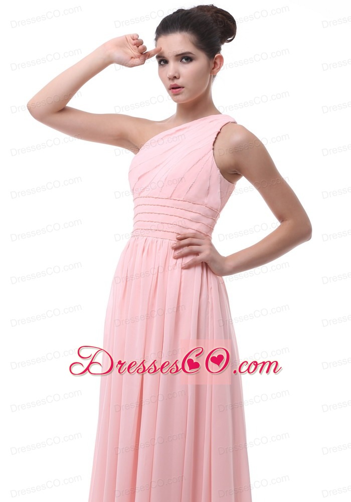 Ruched And Beading Decorate Bodice Light Pink Chiffon One Shoulder Long Bridesmaid Dress