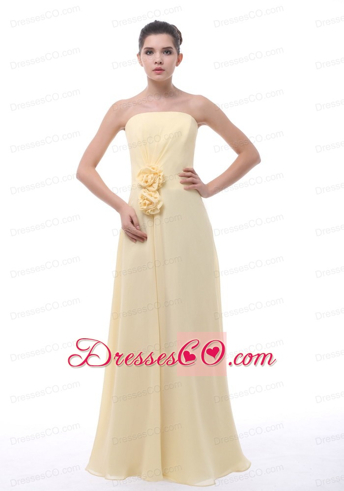 Hand Made Flowers Decorate Bodice Light Yellow Chiffon Long Strapless Bridesmaid Dress For 2013