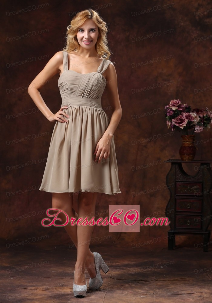 Ruched Decorate Knee-length Grey Bridesmaid Dress With Straps Neckline