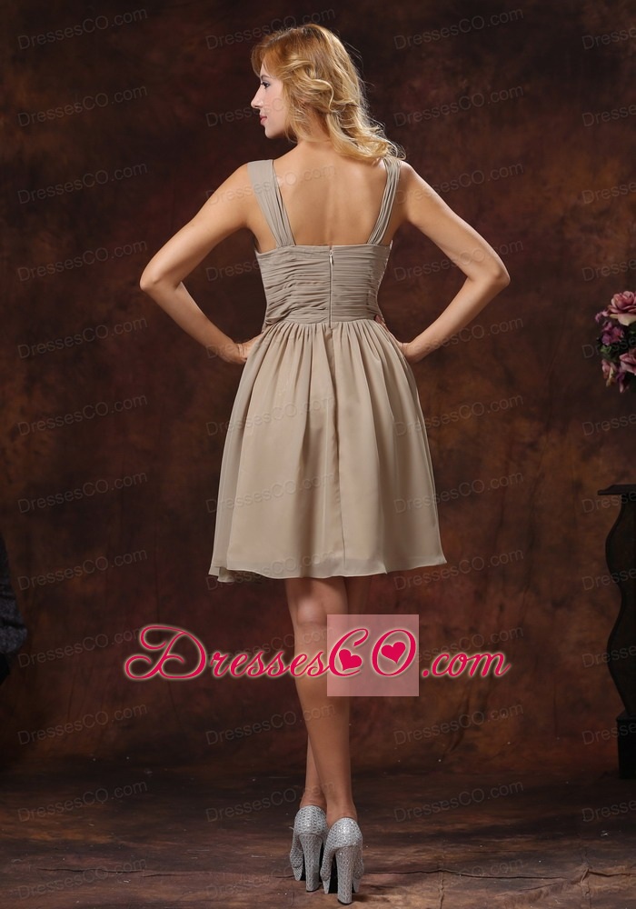 Ruched Decorate Knee-length Grey Bridesmaid Dress With Straps Neckline