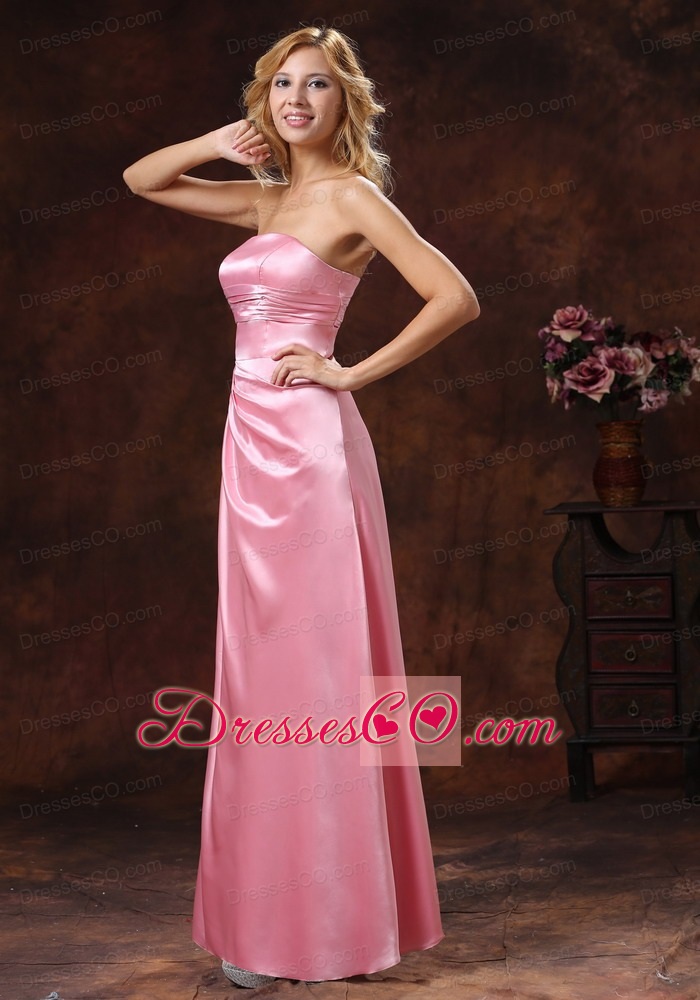 Rose Pink Elastic Woven Satin Strapless Bridesmaid Dress