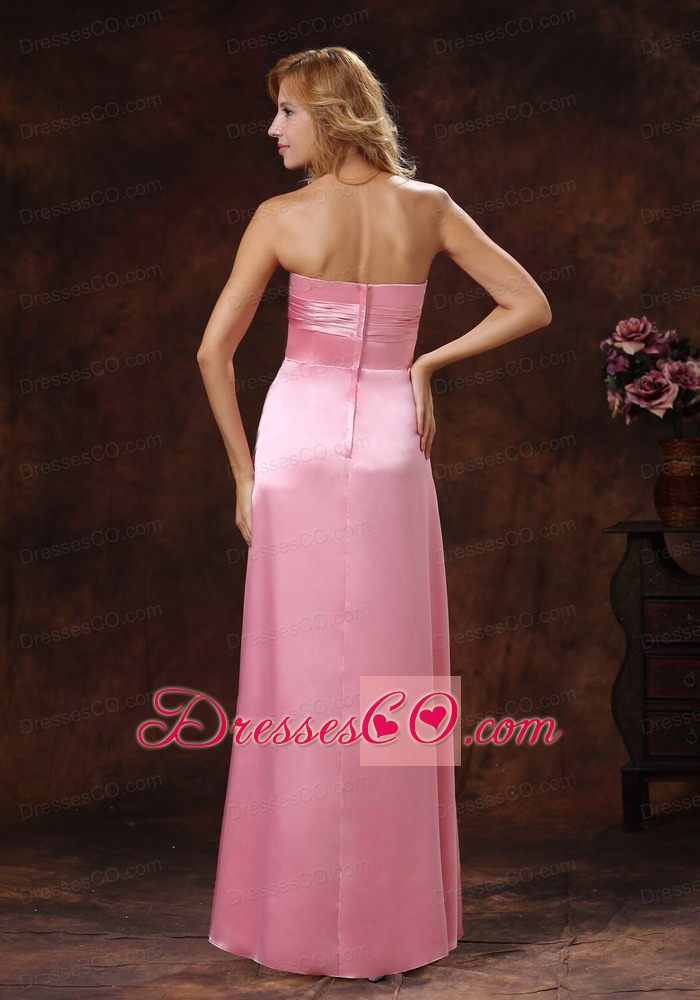 Rose Pink Elastic Woven Satin Strapless Bridesmaid Dress