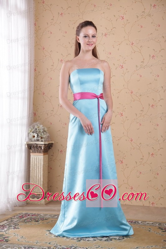 Light Blue Empire Strapless Brush Train Satin Sash Prom Dress