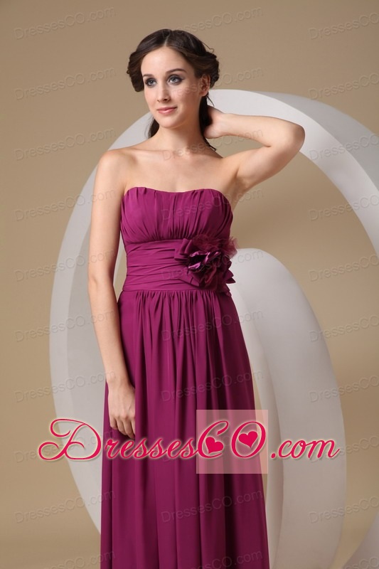 Violet Red Column / Sheath Strapless Long Chiffon Hand Made Flower Prom Dress