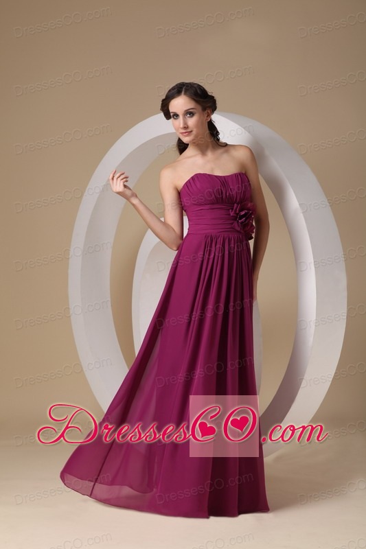 Violet Red Column / Sheath Strapless Long Chiffon Hand Made Flower Prom Dress