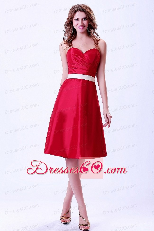 Wine Red Bridemaid Dress With White Belt Knee-length Taffeta