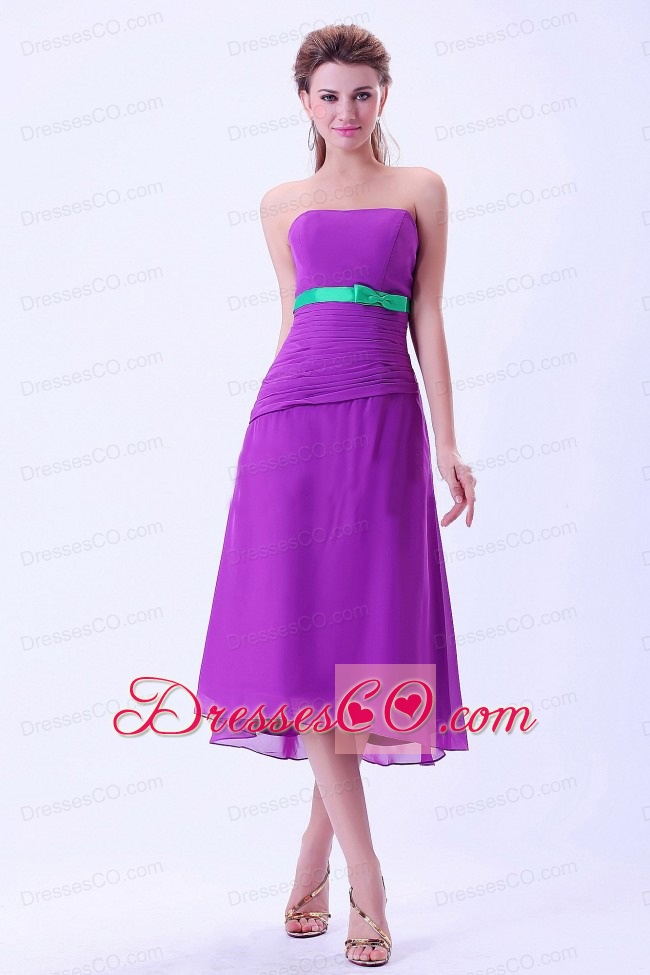 Purple Chiffon Green Belt Column Bridemaid Dress Tea-length