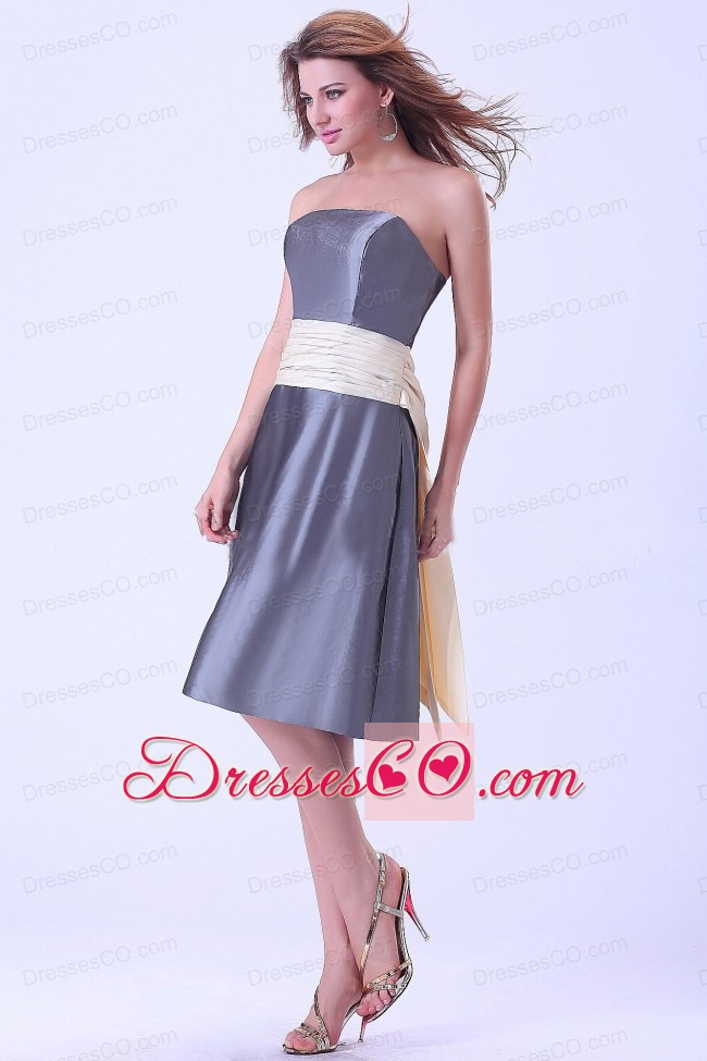 Grey Bridemaid Dress With Champagne Sash Knee-length Satin