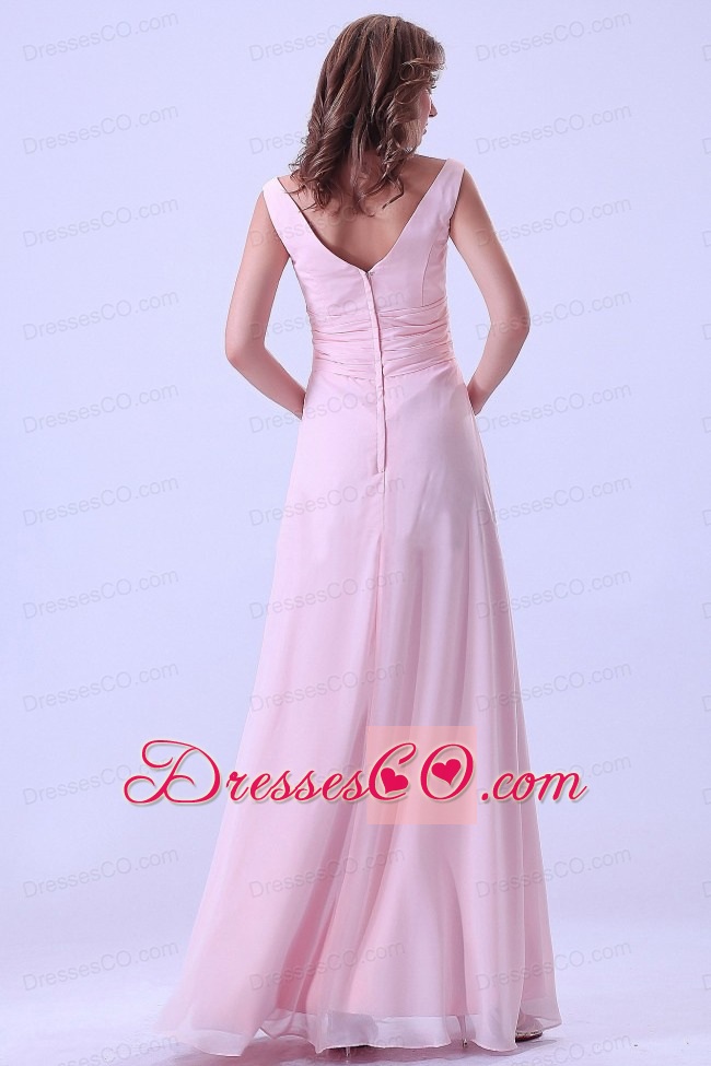Baby Pink V-neck Bridemaid Dress Chiffon