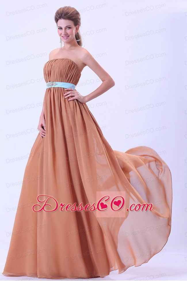 Rust Red Prom Dress With Blue Belt And Ruching Chiffon Long