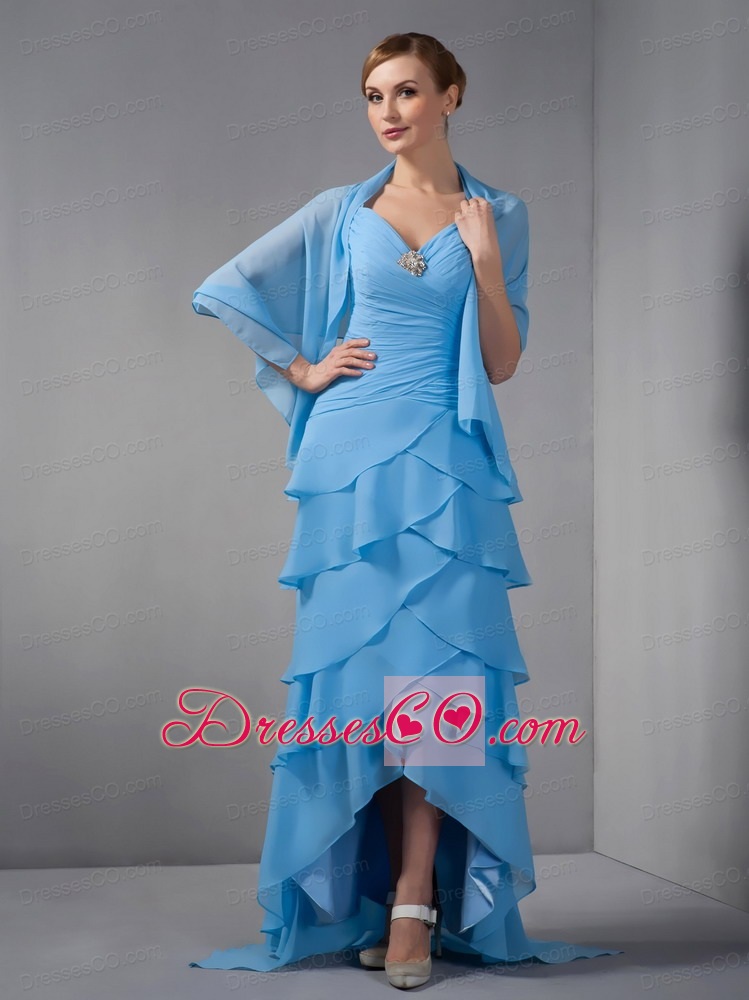 Custom Made Sky Blue Column Bridesmaid Dress Straps Beading and Ruched Brush Train Chiffon