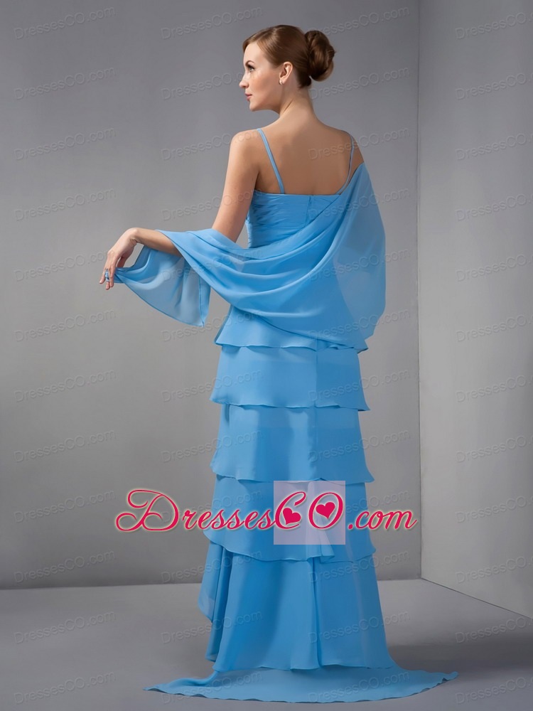 Custom Made Sky Blue Column Bridesmaid Dress Straps Beading and Ruched Brush Train Chiffon