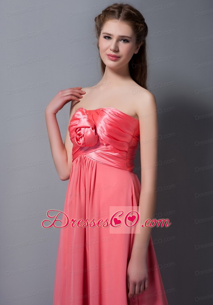 Pretty Watermelon Red Empire Strapless Hand Made Flower Bridesmaid Dress Ankle-length Chiffon And Taffeta