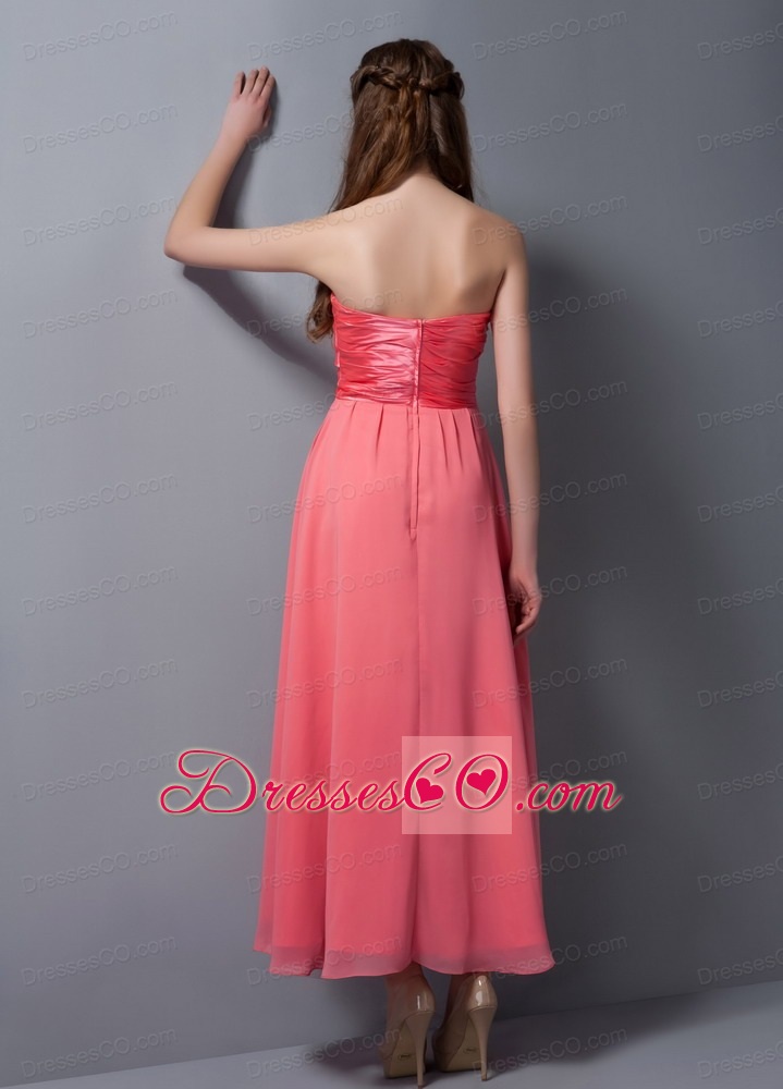 Pretty Watermelon Red Empire Strapless Hand Made Flower Bridesmaid Dress Ankle-length Chiffon And Taffeta