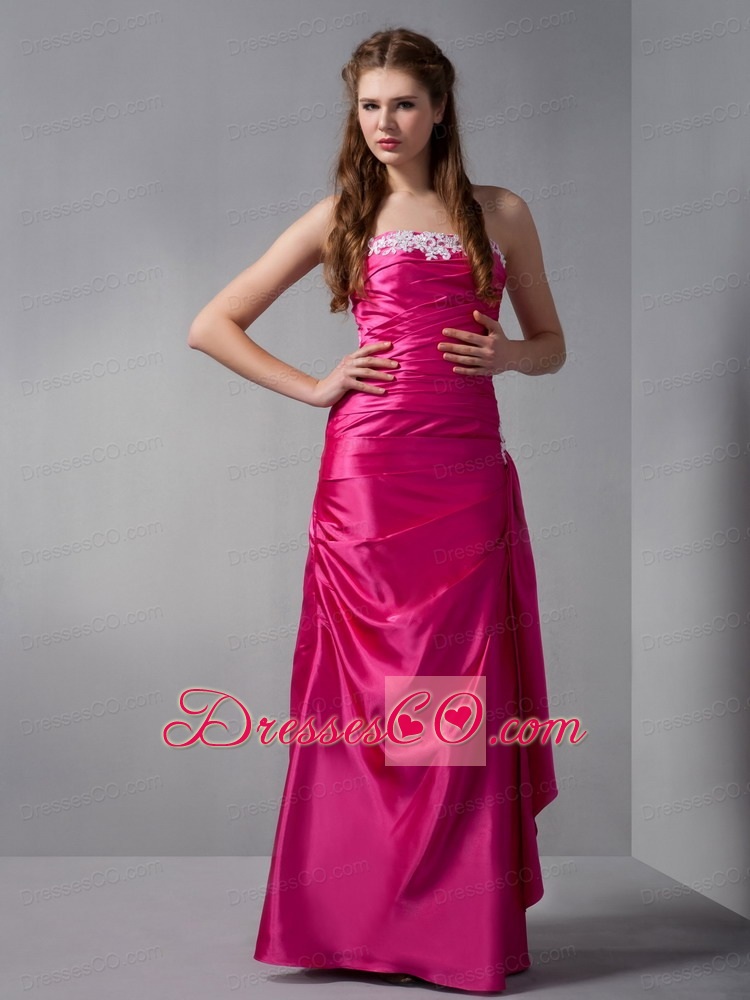 Gorgeous Hot Pink Column Strapless Appliques Bridesmaid Dress Mini-length Taffeta
