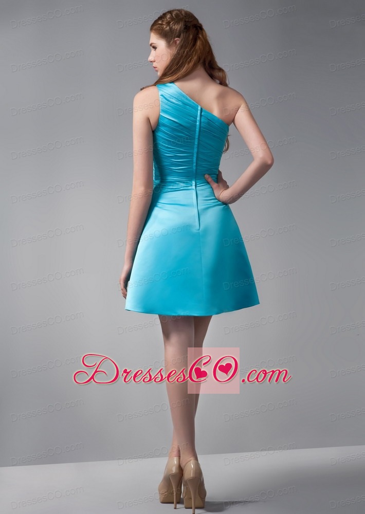 Aqua Blue A-line One Shoulder Mini-length Taffeta Ruched Prom Dress