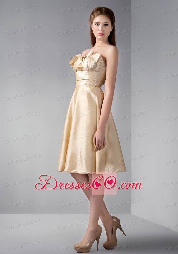 Gold Empire Strapless Knee-length Elastic Woven Satin Ruched Prom Dress