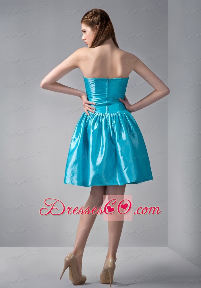 Teal A-line V-neck Mini-length Elastic Woven Satin Beading Prom Dress