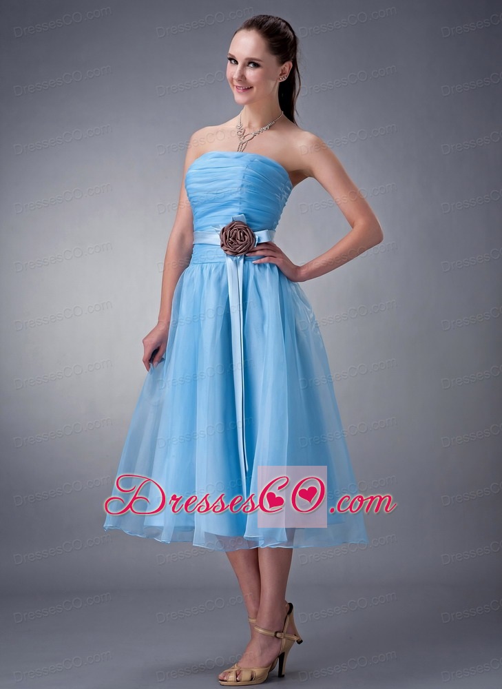 Custom Made Baby Blue A-line / Princess Bridesmaid Dress Strapless Hand Made Flower Tea-length Chiffon