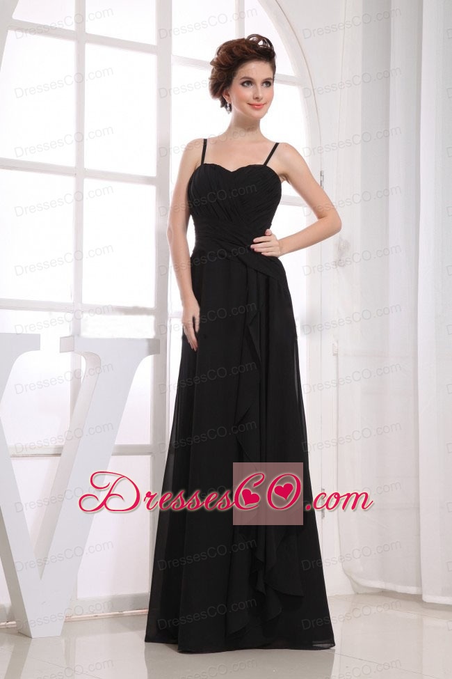 Black Bridemaid Dress With Spaghetti Straps Ruching Chiffon