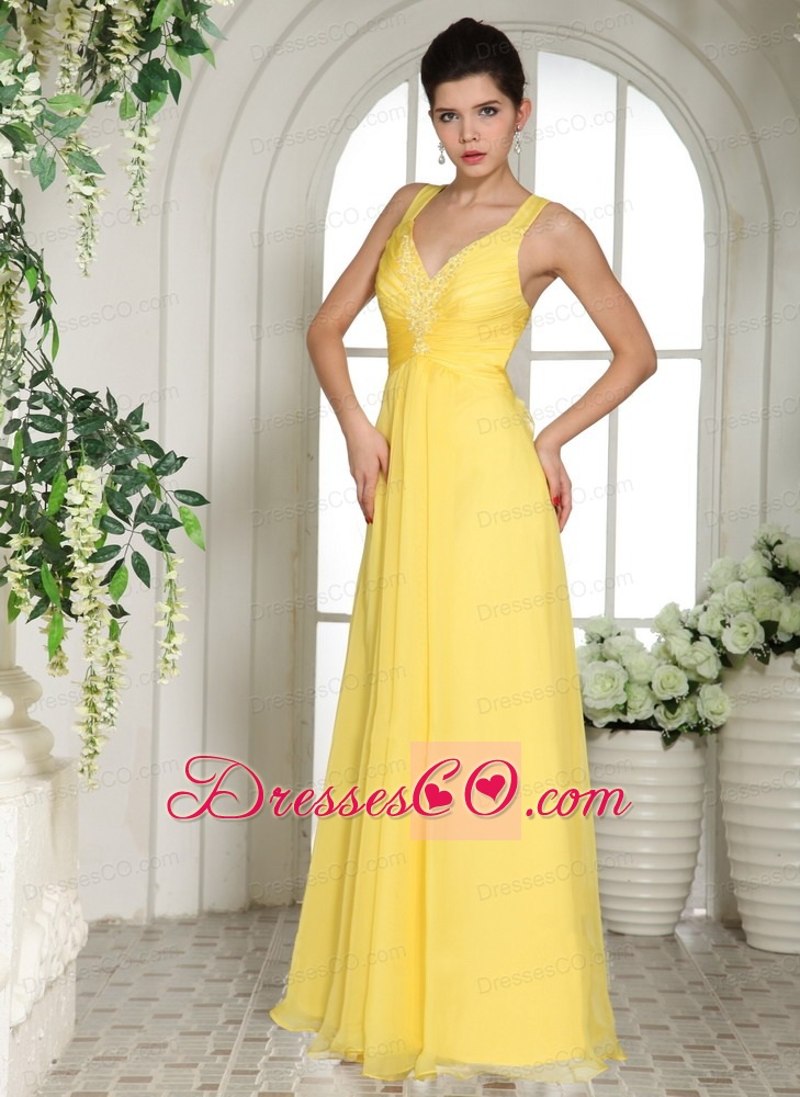 Yellow Straps Prom Dress With Appliques For Custom Made