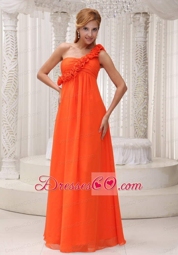Hand Made Flowers Decorate One Shoulder Orange Chiffon Empire Long For Prom Dress