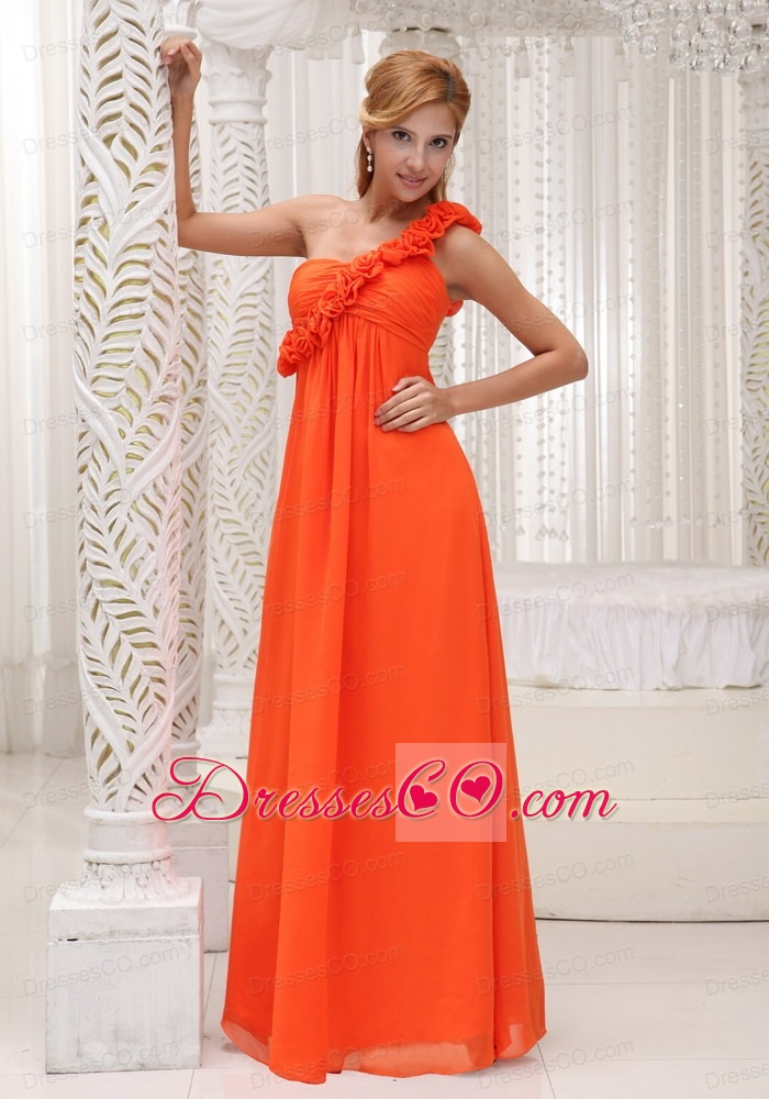 Hand Made Flowers Decorate One Shoulder Orange Chiffon Empire Long For Prom Dress