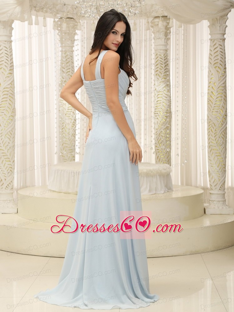 Straps Ruched Bodice and Hand Made Flowers Baby Blue Prom Dress