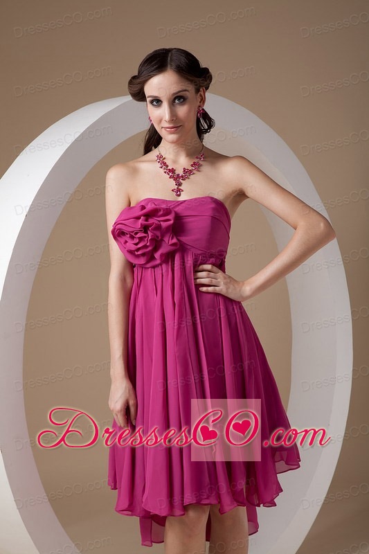 Exclusive Hot Pink Empire Cocktail Dress Strapless Chiffon Hand Made Flowers Mini-length