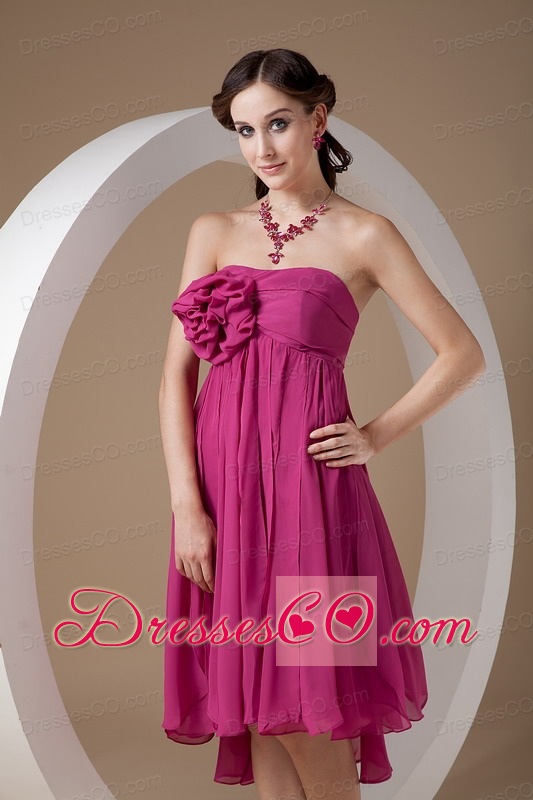 Exclusive Hot Pink Empire Cocktail Dress Strapless Chiffon Hand Made Flowers Mini-length