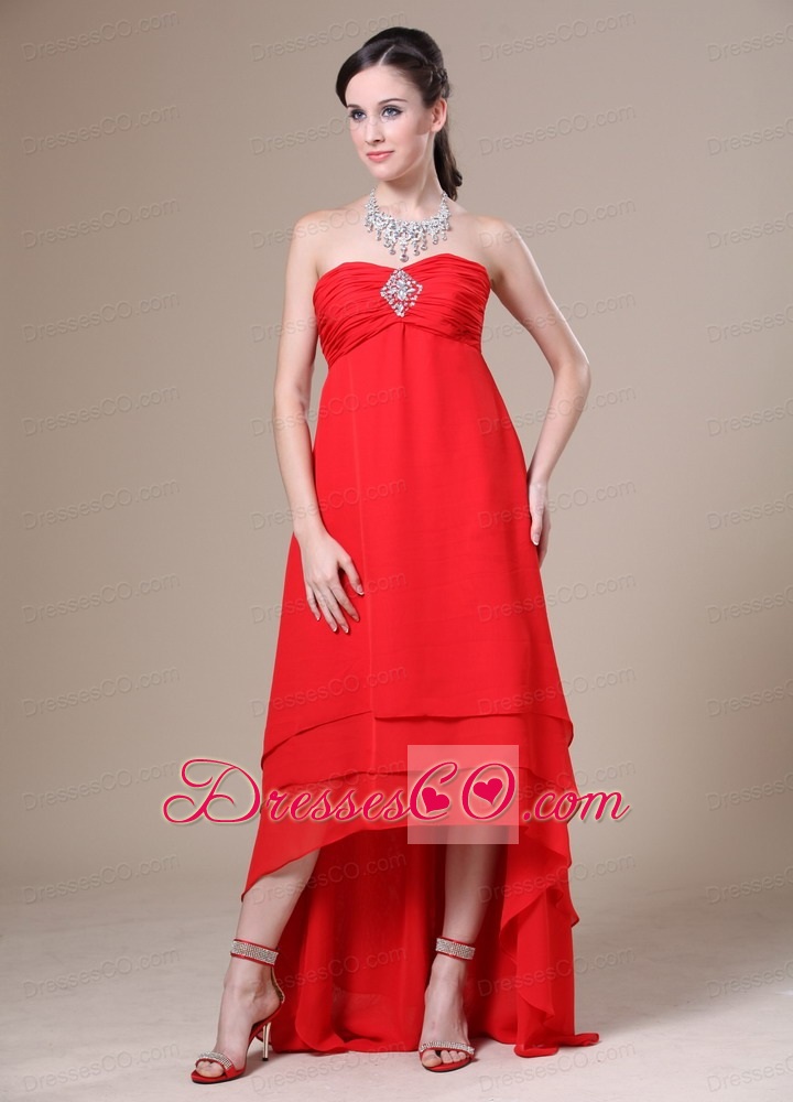 Red High-low Ruched Decorate Bust For Prom Dress With Beading