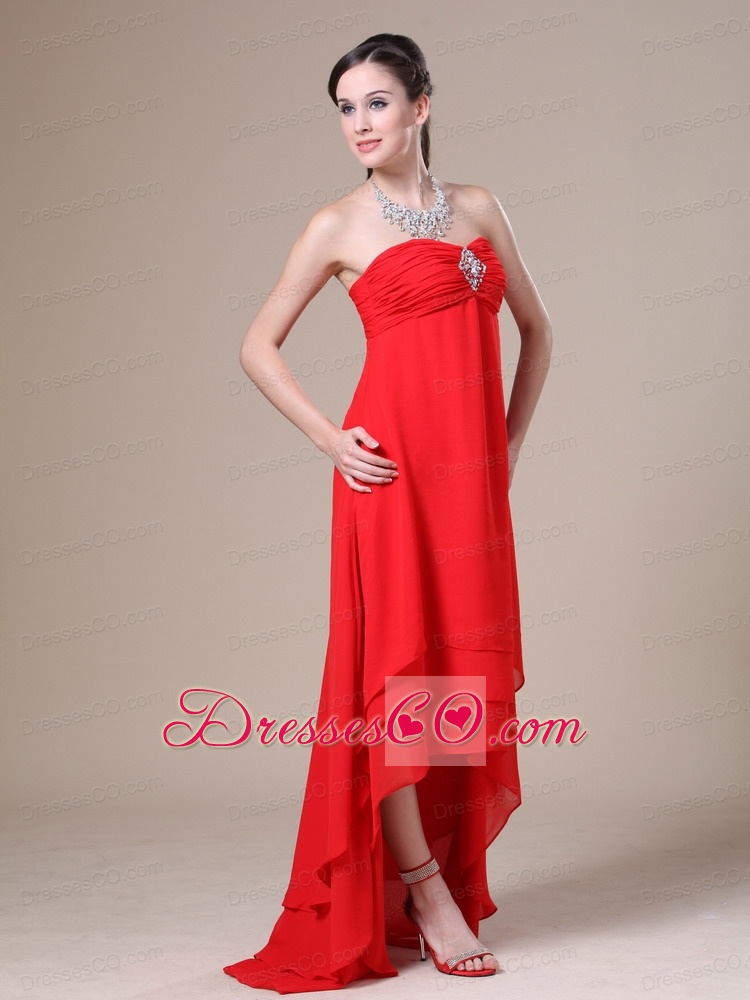 Red High-low Ruched Decorate Bust For Prom Dress With Beading