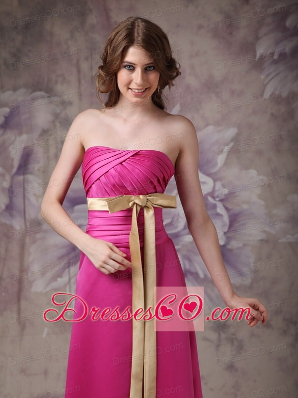 Hot Pink Column Strapless Brush Train Satin Ruche and Bows Prom Dress