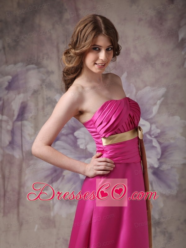 Hot Pink Column Strapless Brush Train Satin Ruche and Bows Prom Dress