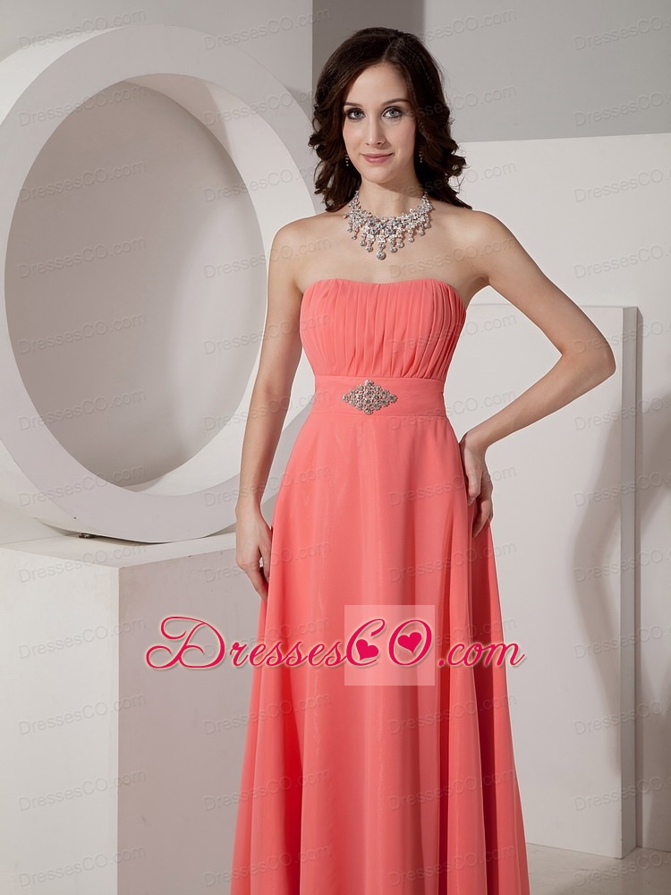 Elegant Watermelon Red Empire Strapless Prom Dress Chiffon Beading
