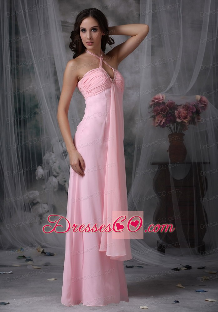 Customize Baby Pink Evening Dress Empire Halter Chiffon Beading Long