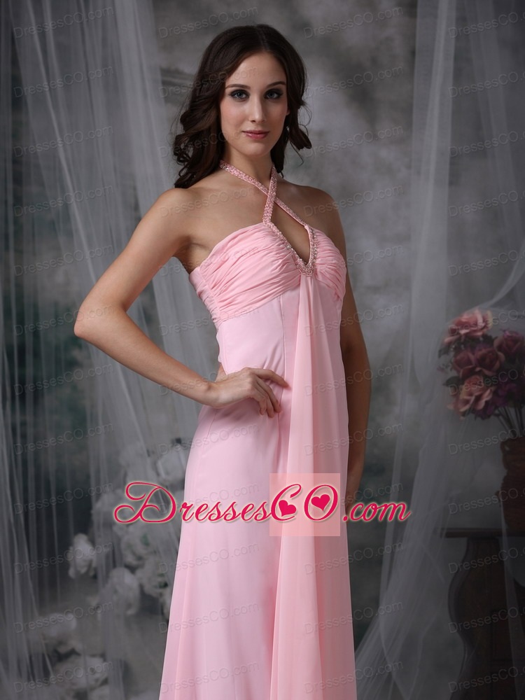 Customize Baby Pink Evening Dress Empire Halter Chiffon Beading Long