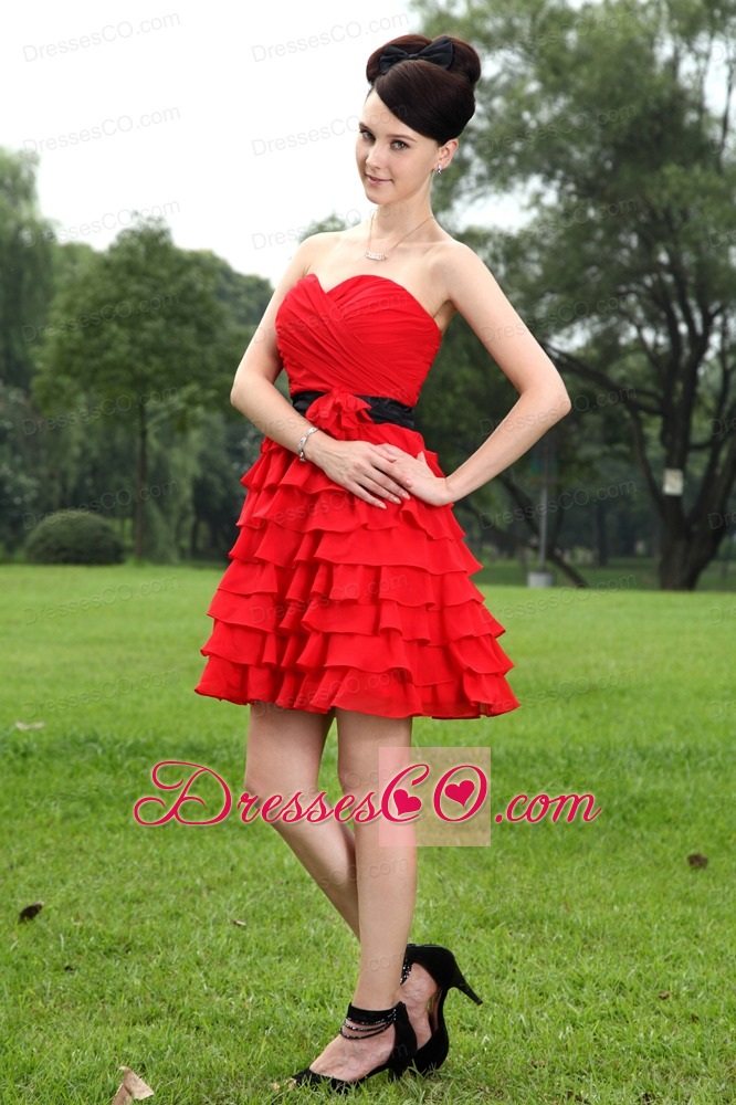 Red A-line Prom / Homecoming Dress Hand Made Flower Mini-length Chiffon