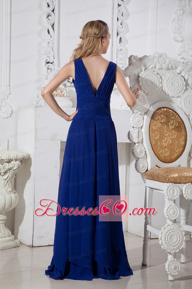 Blue Empire V-neck Brush Train Chiffon Prom / Evening Dress