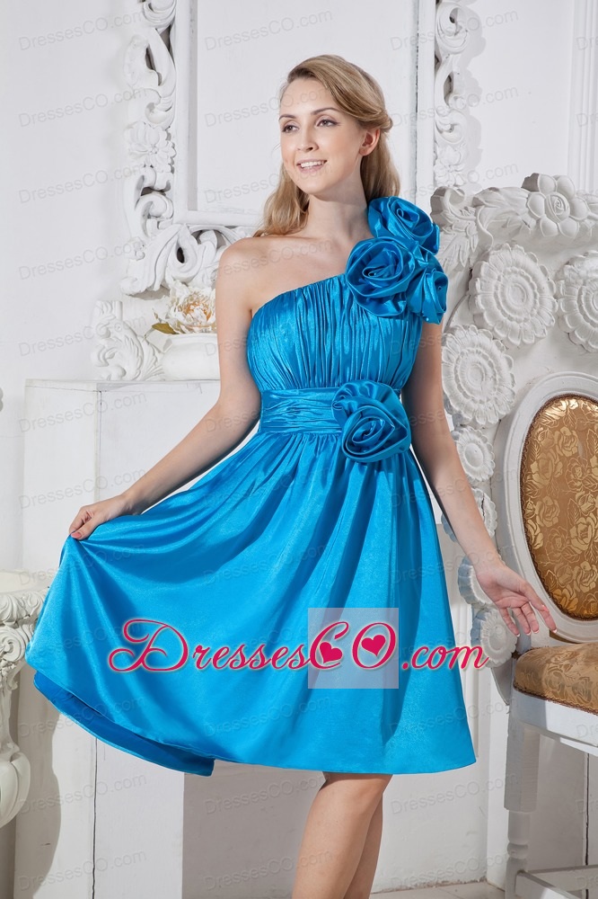 Sky Blue A-line One Shoulder Short Prom Dress Taffeta Hand Made Flowers Knee-length