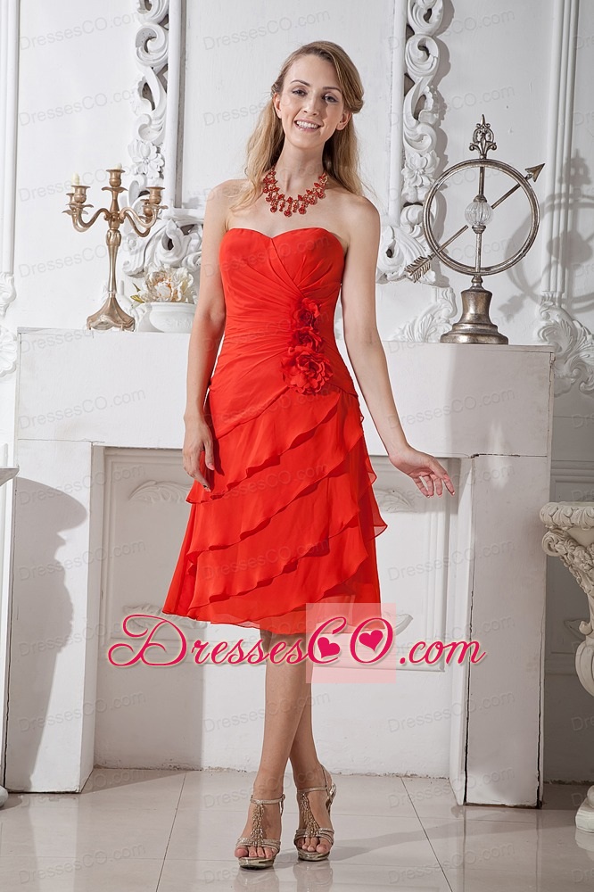 Red A-line Knee-length Chiffon Hand Made Flowers Prom / Homecoming Dress