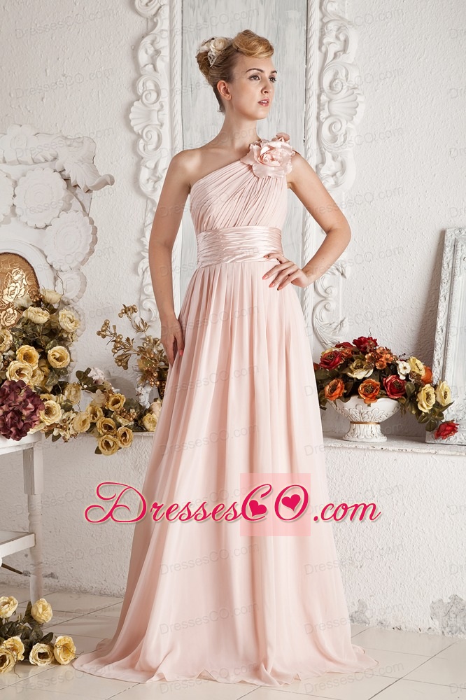Baby Pink Empire One Shoulder Brush Train Chiffon Hand Made Flowers and Ruche Prom Dress