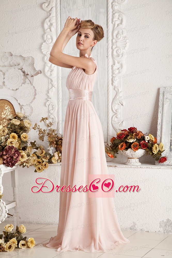 Baby Pink Empire One Shoulder Brush Train Chiffon Hand Made Flowers and Ruche Prom Dress