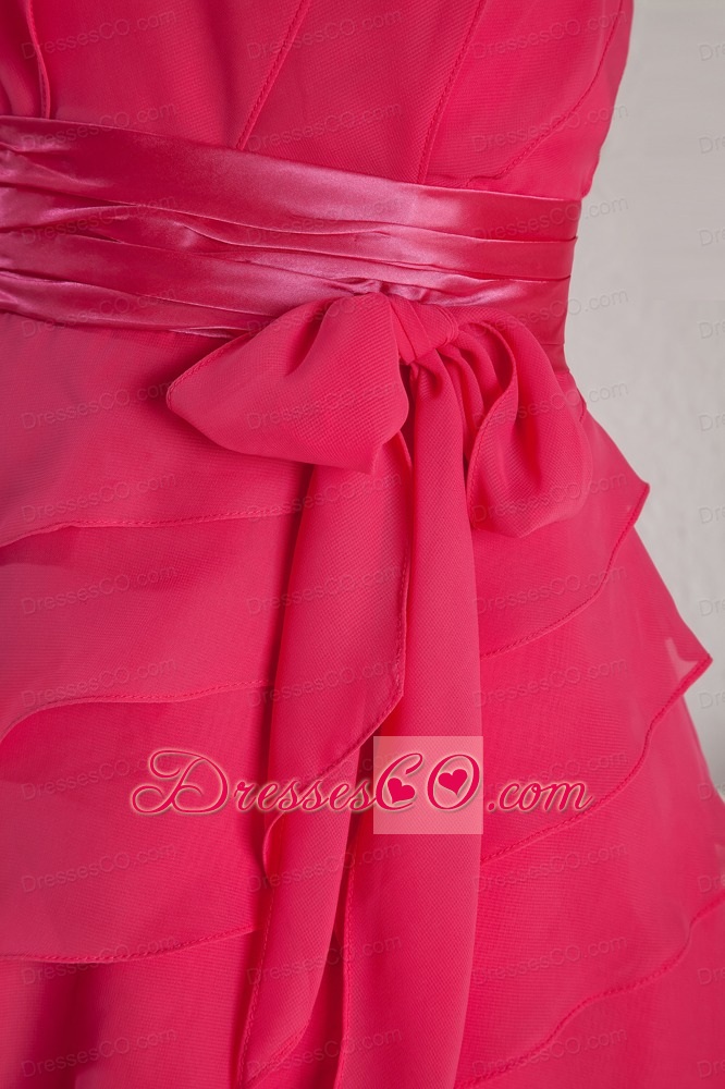 Hot Pink Empire Strapless Ruche And Sash Prom Dress Mini-length Chiffon