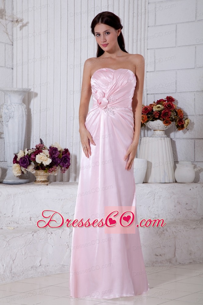 Light Pink Empire Strapless Beading Bridesmaid Dress Long Elastic Woven Satin