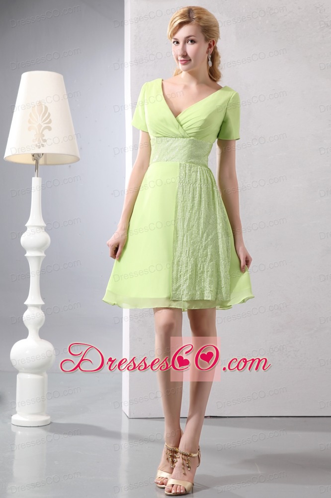 Yellow Green Empire V-neck Mini-length Chiffon And Sequin Prom Dress